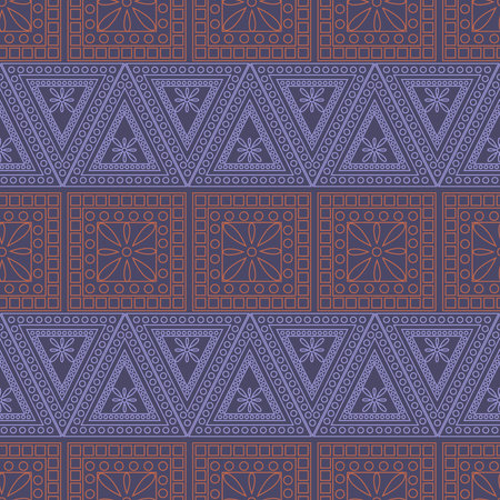 Seamless vector pattern. Symmetrical geometric background with red and blue triangles on the dark backdrop. Decorative ornament.のイラスト素材