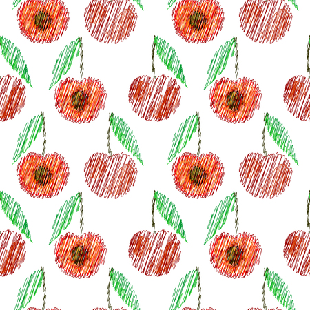 Seamless vector pattern,  bright fruits background with cherry, whole and half on the white backdropのイラスト素材