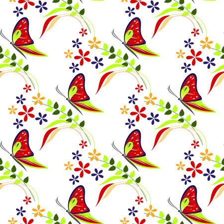 Seamless vector pattern with insects, colorful background with butterflies, flowers and branches with leaves.のイラスト素材