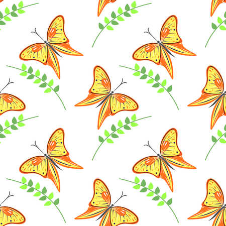 Seamless vector pattern with insects, colorful background with violet butterflies and branches with leaves om the white backdropのイラスト素材