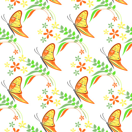 Seamless vector pattern with insects, colorful background with violet butterflies, flowers and branches with leaves.のイラスト素材