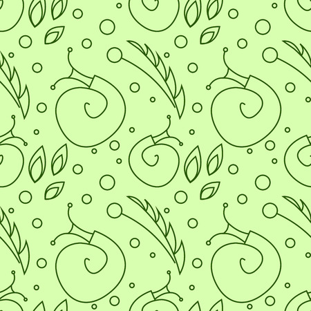 Seamless vector pattern with insects, chaotic green background with snails, leaves and dots.のイラスト素材