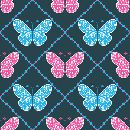 Seamless vector pattern with insects, symmetrical blue background with light blue and pink butterflies. Decorative ornament. Series of Animals and Insects Seamless Patterns.のイラスト素材