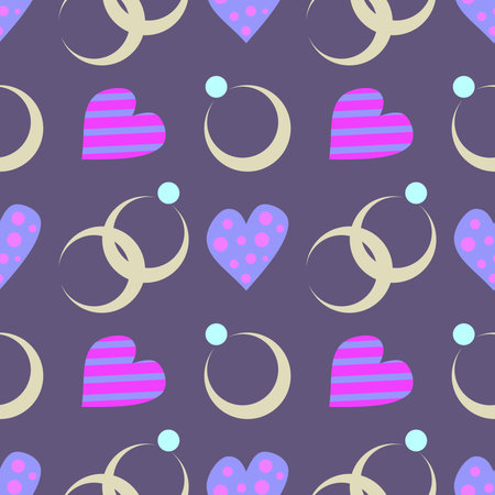Seamless vector pattern. Cute background with decorative hearts and wedding rings on the  blue backdropのイラスト素材