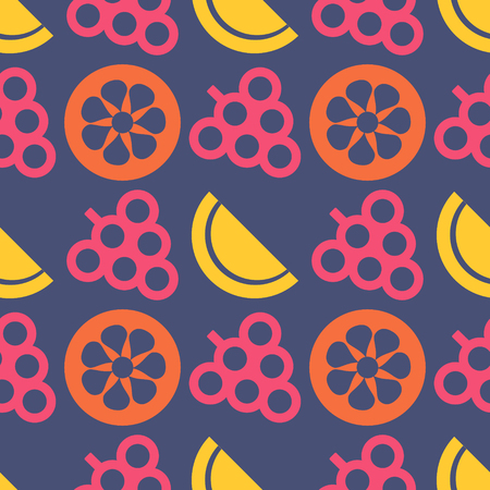 Vector seamless pattern. Symmetrical background with colorful closeup fruits, berries, citrus and melons on the blue backdrop. Series of Fruits and Vegetables Seamless Patterns.のイラスト素材