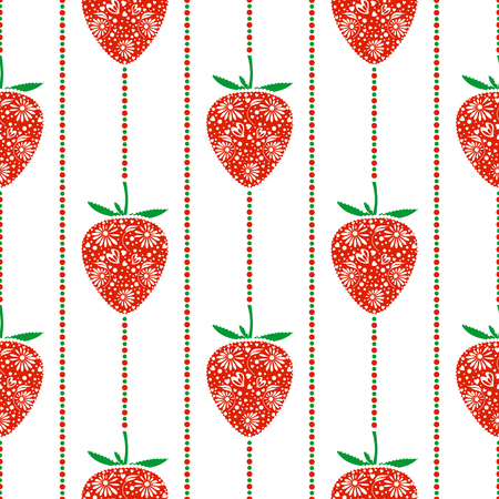 Seamless fruits vector pattern, bright symmetrical background with closeup decorative ornamental strawberries and lines, on the white backdrop. Series of Fruits and Vegetables Seamless Patterns.のイラスト素材