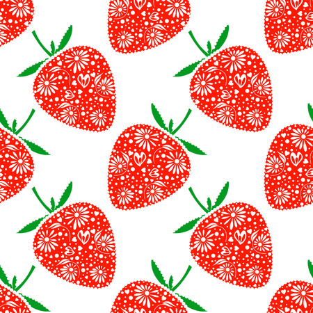 Seamless fruits vector pattern, bright chaotic background with closeup decorative ornamental strawberries, on the white backdrop. Series of Fruits and Vegetables Seamless Patterns.のイラスト素材