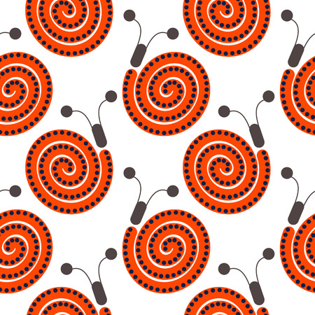 Seamless vector pattern with insects, symmetrical background with closeup decorative red snails, on the white backdrop. Series of Animals and Insects Seamless Patterns.のイラスト素材