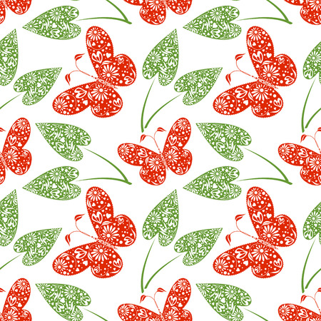 Seamless vector pattern with insects, symmetrical blue background with red butterflies and green leaves. Decorative ornament. Series of Animals and Insects Seamless Patterns.のイラスト素材