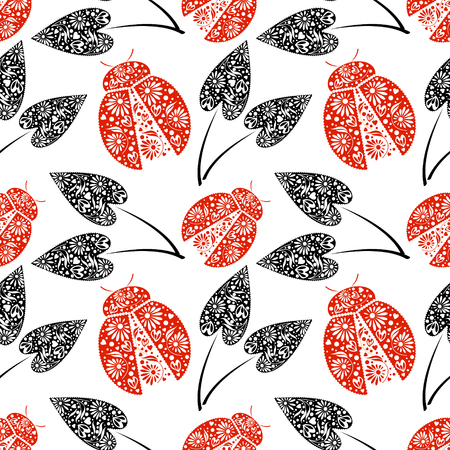 Seamless vector pattern with insects, chaotic background with bright decorative red closeup ladybugs and black leaves, over white backdrop. Series of Animals and Insects Seamless Patterns.のイラスト素材