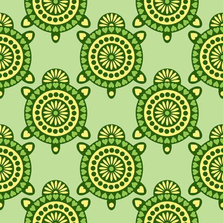 Seamless vector pattern with animals. Symmetrical background with closeup decorative turtles on the green backdrop. Series of Animals and Insects Seamless Patterns.のイラスト素材