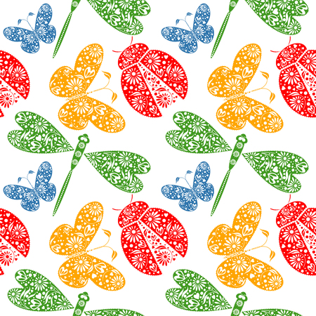 Seamless vector pattern with insects, symmetrical background with decorative dragonflies, ladybugs and butterlies, on the white backdrop. Series of Animals and Insects Seamless Patterns.のイラスト素材