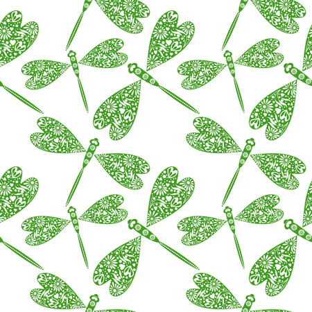 Seamless vector pattern with insects, chaotic background with decorative closeup dragonflies, on the white backdropのイラスト素材