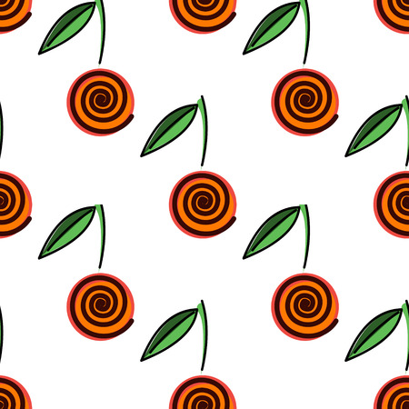 Seamless vector pattern,  bright fruits background with decorative cherry, on the white backdrop. Hand drawn. Series of Fruits and Vegetable Seamless Patterns.のイラスト素材