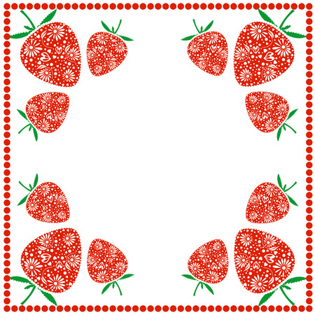 Vector card with berries. Empty square form with ornamental strawberries and border with dots. Decorative frame. Series of Cards, Blanks and Forms.のイラスト素材
