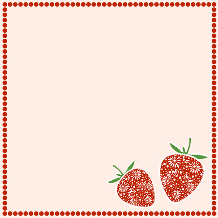Vector card with berries. Empty square form with ornamental strawberries and border with dots. Decorative frame. Series of Cards, Blanks and Forms.のイラスト素材