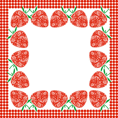 Vector card with berries. Empty square form with ornamental strawberries and border with dots. Decorative frame. Series of Cards, Blanks and Forms.のイラスト素材