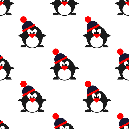 Seamless vector pattern with animals, cute symmetrical  background with penguins with winter hats. Series of Animals and Insects Seamless Patterns.のイラスト素材