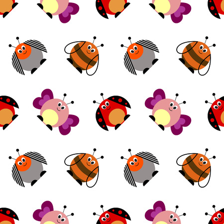 Seamless vector pattern with insects. Cute background with colorful comic butterflies, ladybugs, colorado beetles and bees. Series of Animals and Insects Seamless Pattern.のイラスト素材