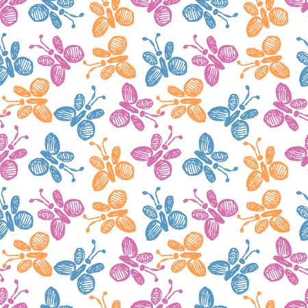 Seamless vector pattern, background with cute butterflies on the white backdrop. Hand sketch drawing. Imitation of ink pencilling. Series of Insects and Hand Drawn Patterns.のイラスト素材