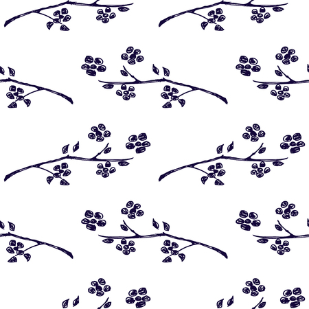 Seamless vector pattern, background with branches with leaves and flowers on the white backdrop. Hand sketch drawing. Imitation of ink drawing. Series Hand Drawn Patterns.のイラスト素材