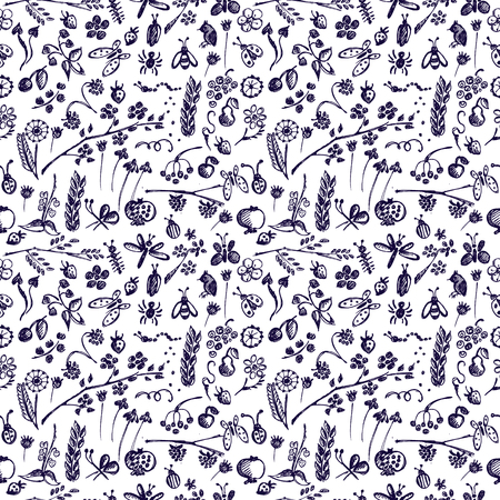 Seamless vector pattern, background with insects, fruits, flowers and leaves on the white backdrop. Hand sketch drawing. Imitation of ink pencilling. Series of Hand Drawn Patterns.のイラスト素材