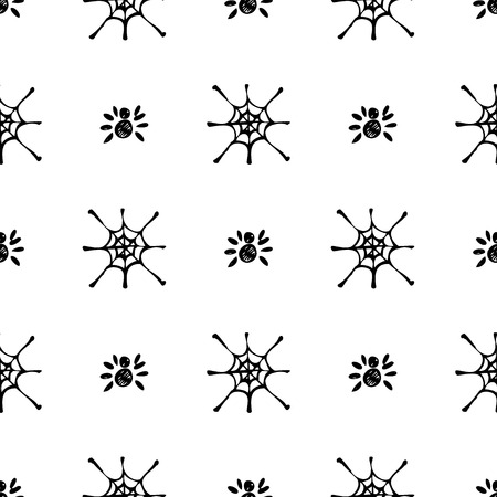 Seamless vector pattern with insects, symmetrical black and white background with  spiders and spiders web. Hand sketch drawing. Imitation of ink pencilling. Series of Insects and Hand Drawn Patterns.のイラスト素材