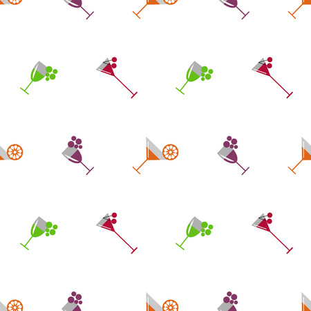 Seamless vector pattern with cocktails, wine, cherries, oranges and grape on the white background. Series of Food and Drink Seamless Patterns.のイラスト素材