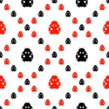 Seamless vector pattern with insects, symmetrical background with bright red and black decorative ladybugs,  on the white backdrop. Series of Animals and Insects Seamless Patterns.のイラスト素材