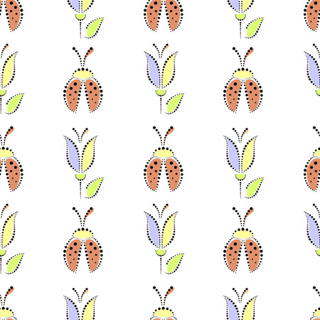 Seamless floral vector pattern. Colorful ornamental background with ladubugs and flowers. Decorative repeating ornament, Series of Floral and Decorative Seamless Pattern.のイラスト素材