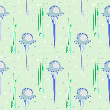 Seamless vector pattern with  jellyfish,  seaweed and bubbles on the light blue background.のイラスト素材