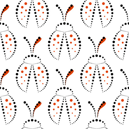 Seamless vector pattern with insects,  symmetrical black, red and white background with decorative closeup ladybugs,  on the blue backdrop. Series of Animals and Insects Seamless Patterns.のイラスト素材
