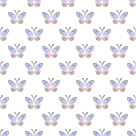 Seamless vector pattern with insects, symmetrical background with blue and pink butterflies on the white backdrop. Decorative ornament. Series of Insects Seamless Patterns.のイラスト素材