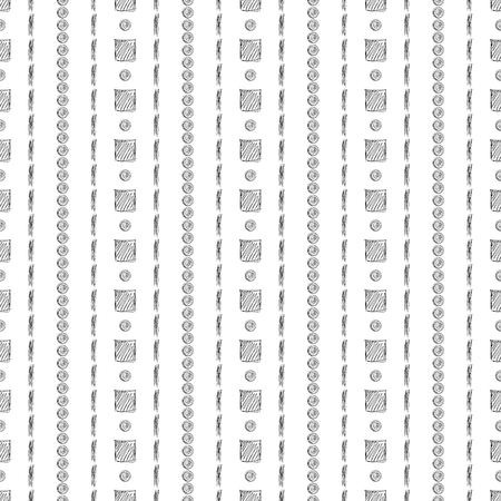 Seamless vector pattern. Black and white geometrical background with hand drawn circles, lines and squares. Simple design. Series of Hand Drawn Simple Geometrical Patterns.のイラスト素材