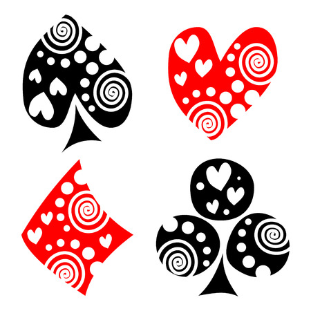 Vector set of playing card symbols. Hand drawn black and red ornamental decorative icons with white hearts, spiral and dots, isolated on the backgrounds. Graphic illustrationのイラスト素材