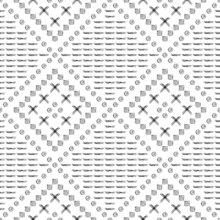 Seamless vector pattern. Black and white geometrical background with hand drawn circles, cross and lines. Simple design. Series of Hand Drawn Simple Geometrical Patterns.のイラスト素材