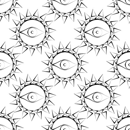 Seamless abstract vector pattern with sun with eyes. Symmetrical black and white background.のイラスト素材