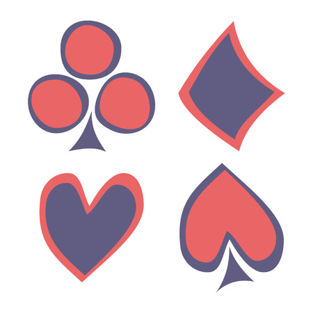 Vector set of playing card symbols. Hand drawn blue and red icons isolated on the backgrounds. Graphic illustrationのイラスト素材