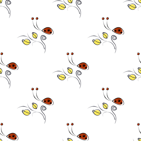 Seamless vector floral pattern with insects. Cute background with drawn ladybugs and roses on the white backdrop. Series of Insects Seamless Patterns.のイラスト素材