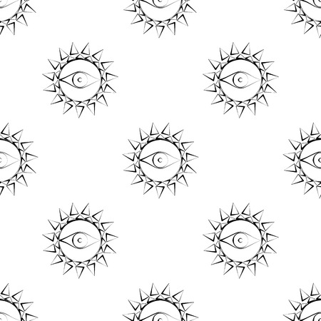 Seamless abstract vector pattern with sun with eyes. Symmetrical black and white background.のイラスト素材