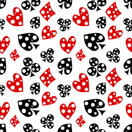 Seamless vector pattern with icons of playings cards. Background with black and red  hand drawn ornamental symbols. Decorative repeating ornament. Series of Gaming and Gambling Seamless Patterns.のイラスト素材