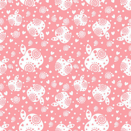Seamless vector pattern with white ornamental apples and decorative elements on the pink background. Repeating ornament. Series of Fruits and Vegetables Seamless Patterns.のイラスト素材