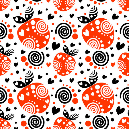 Seamless vector pattern with red and black different decorative ornamental beautiful  strawberries on the white background. Repeating tiled ornament. Series of Fruits and Vegetables Seamless Patterns.のイラスト素材