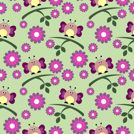 Seamless vector pattern with insects, cute background with butterflies, flowers and branch with leaves. Series of Animals and Insects Seamless Patterns.のイラスト素材