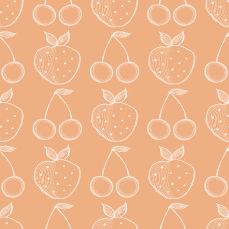 Seamless vector pattern with hand drawn fruits. Background with strawberries and cherries. Series of Cartoon, Doodle, Sketch and Hand drawn Seamless Patterns.のイラスト素材