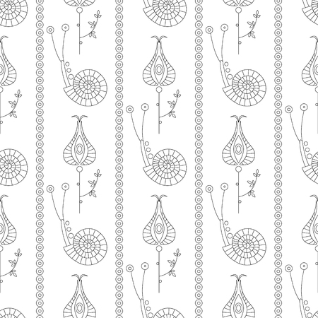 Seamless vector pattern. Symmetrical repeating background with decorative ornamental snails, flowers and leaves on the white backdrop. Repeating ornament. Series of Line Work Seamless Patterns.のイラスト素材