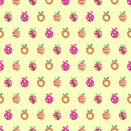Seamless vector pattern with little colorful decorative ornamental cute strawberries on the yellow background. Repeating tiled ornament. Series of Fruits and Vegetables Seamless Patterns.のイラスト素材