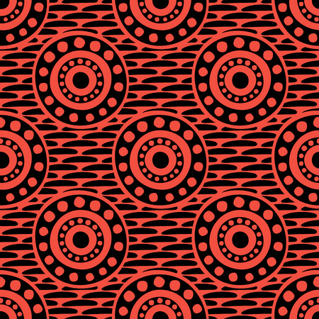 Seamless vector pattern with circles, dots and strokes. Black and red abstract background with drawn elements and ornamental symbols. Decorative repeating ornament.のイラスト素材