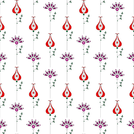Seamless vector floral  pattern. Symmetrical repeating background with decorative ornamental flowers and leaves on the white backdrop. Repeating ornament. Series of Line Work Seamless Patterns.のイラスト素材