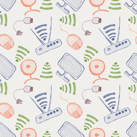Seamless vector pattern with hand drawn colorful monitor, pc mouse, wifi router and usb cable on the white background. Series of Technology, Cartoon, Doodle, Sketch and Hand drawn Seamless Patterns.のイラスト素材